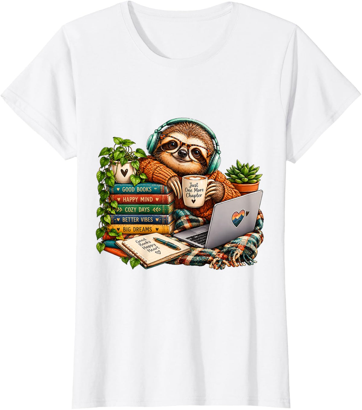 Vintage Sloth Reading Books Coffee Cozy Study Book Lover T-Shirt - White