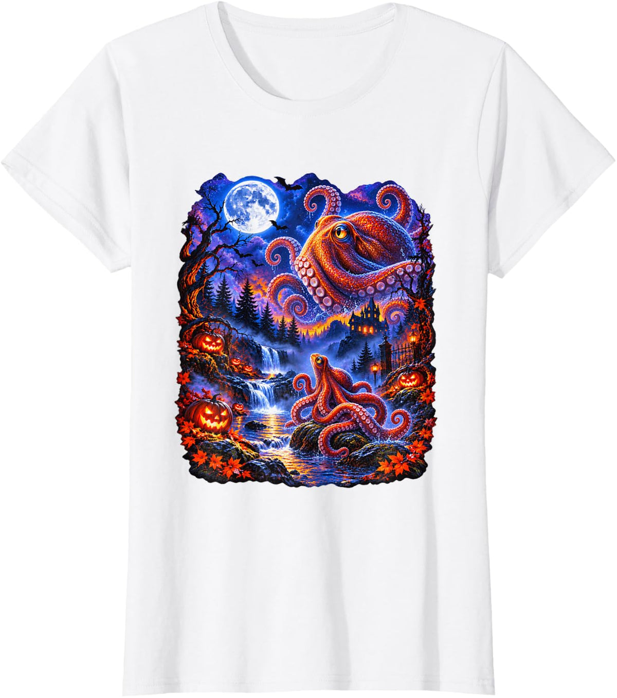 Octopus Halloween Moon Pumpkin Ocean Lover T-Shirt - White