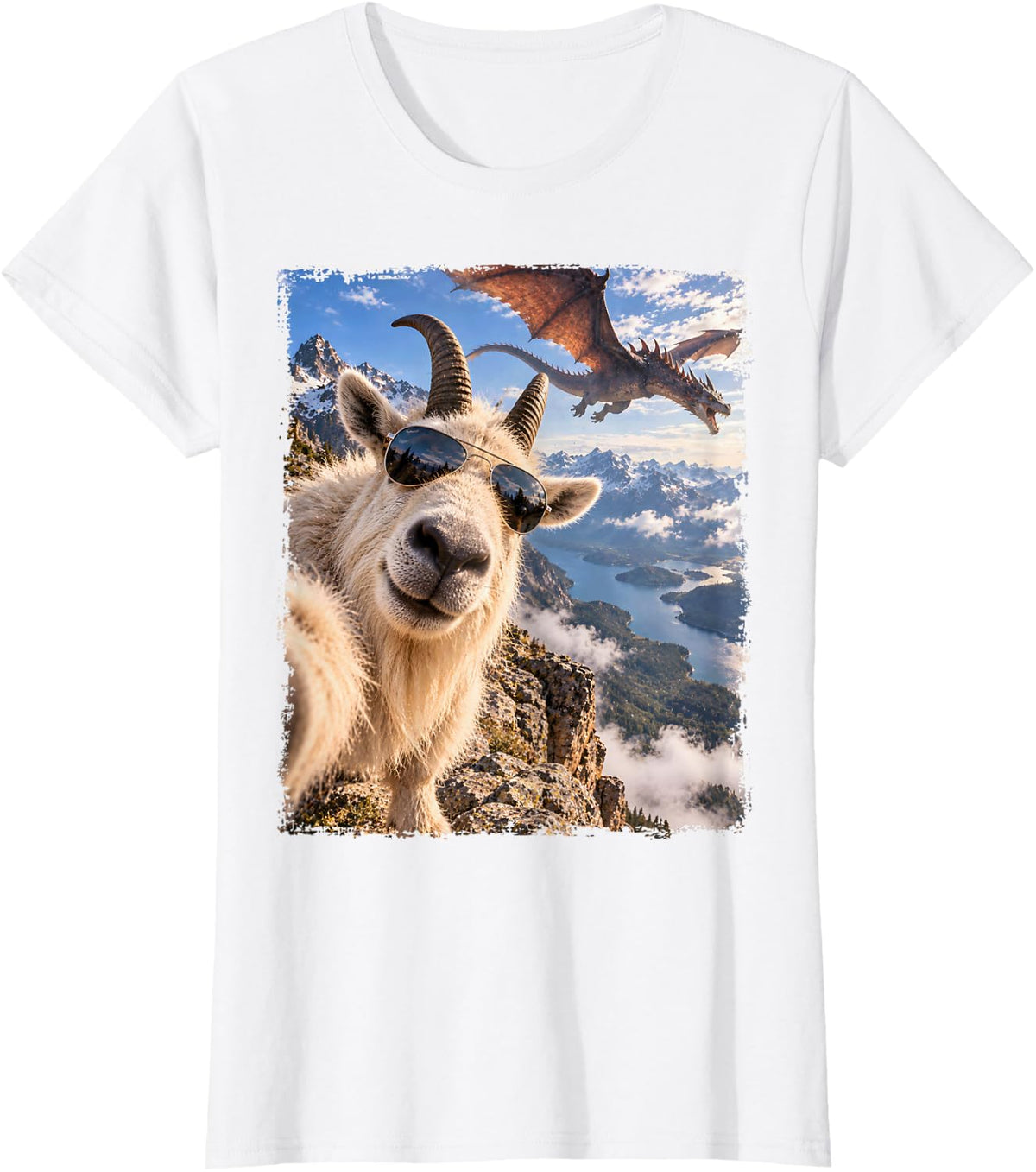 Mountain Goat Selfie with Dragon T-Shirt - White