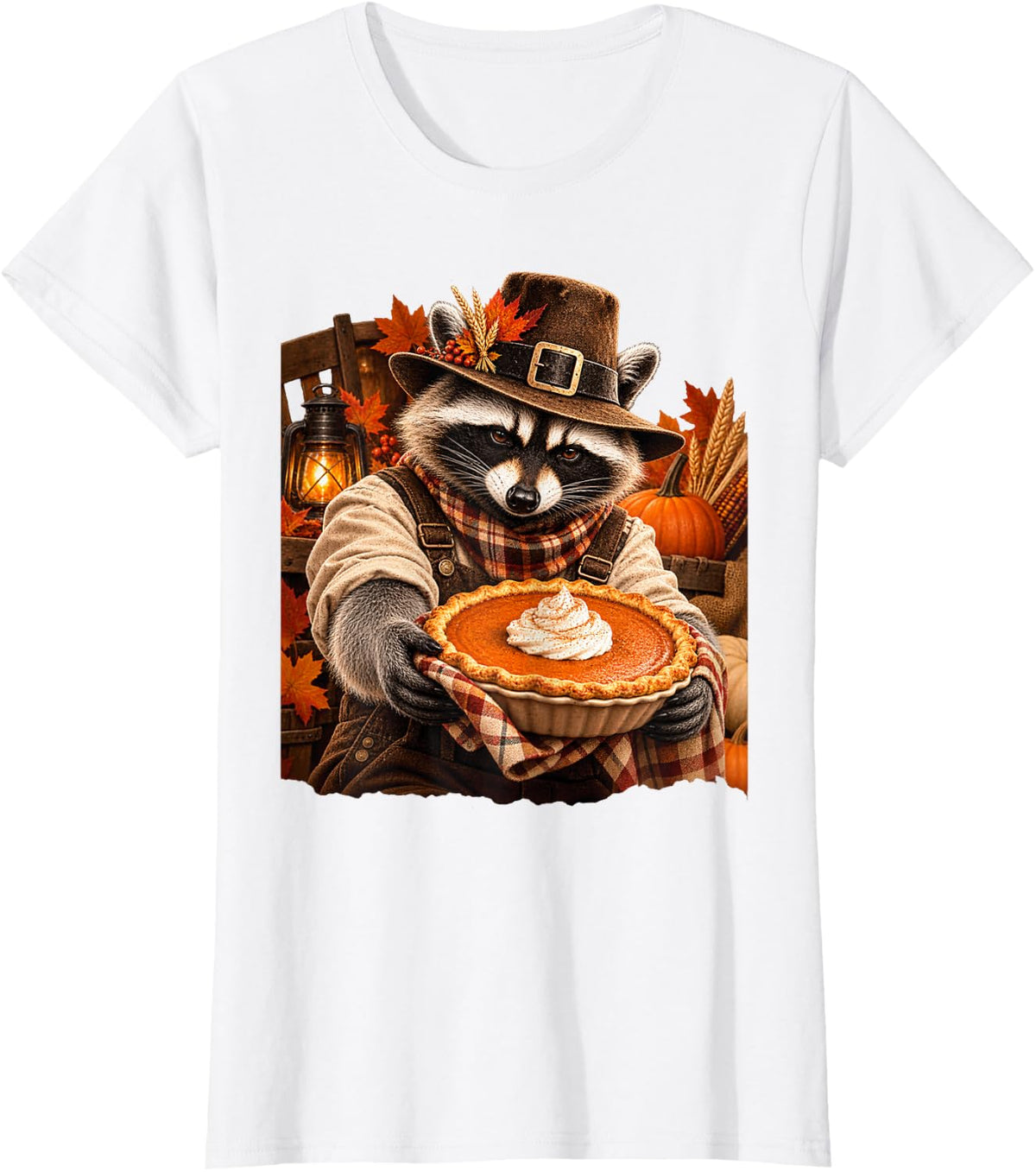 Pilgrim Raccoon Pumpkin Pie Funny Thanksgiving T-Shirt - White