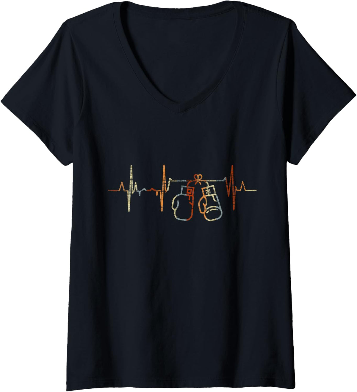 Women's Boxing Heartbeat Vintage ECG Cardiogram Retro V-Neck T-Shirt - Black