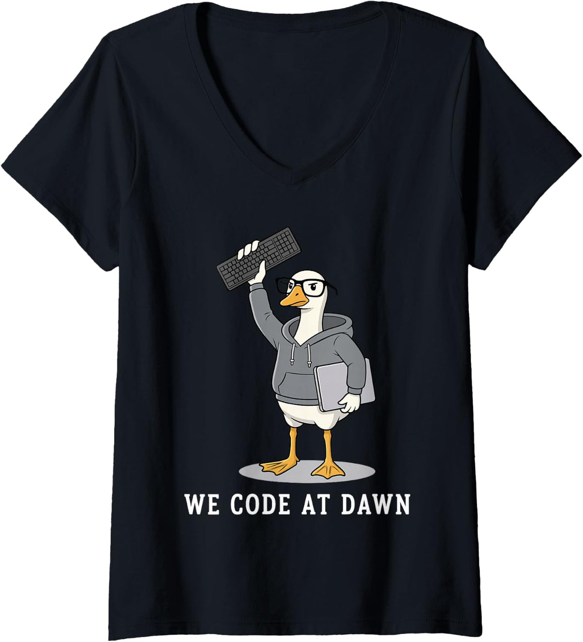 Women's We Code At Dawn Funny Goose Programmer Software Engineer V-Neck T-Shirt - Black