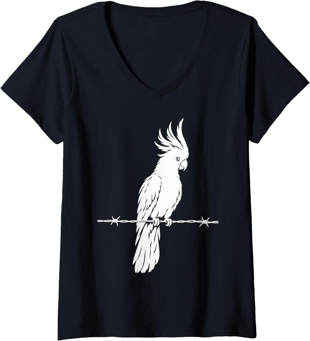 Women's White Cockatiel On Barbed Wire V-Neck T-Shirt - Black
