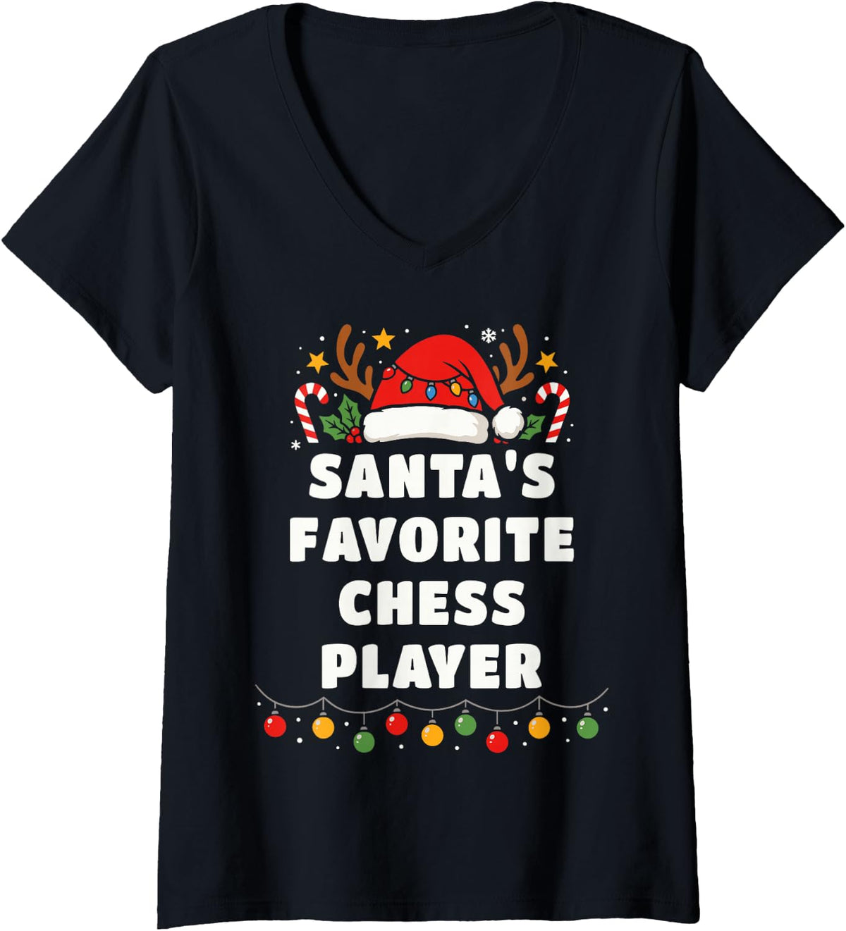 Women's Santa's Favorite Chess Player Funny Christmas Holiday Sport V-Neck T-Shirt - Black