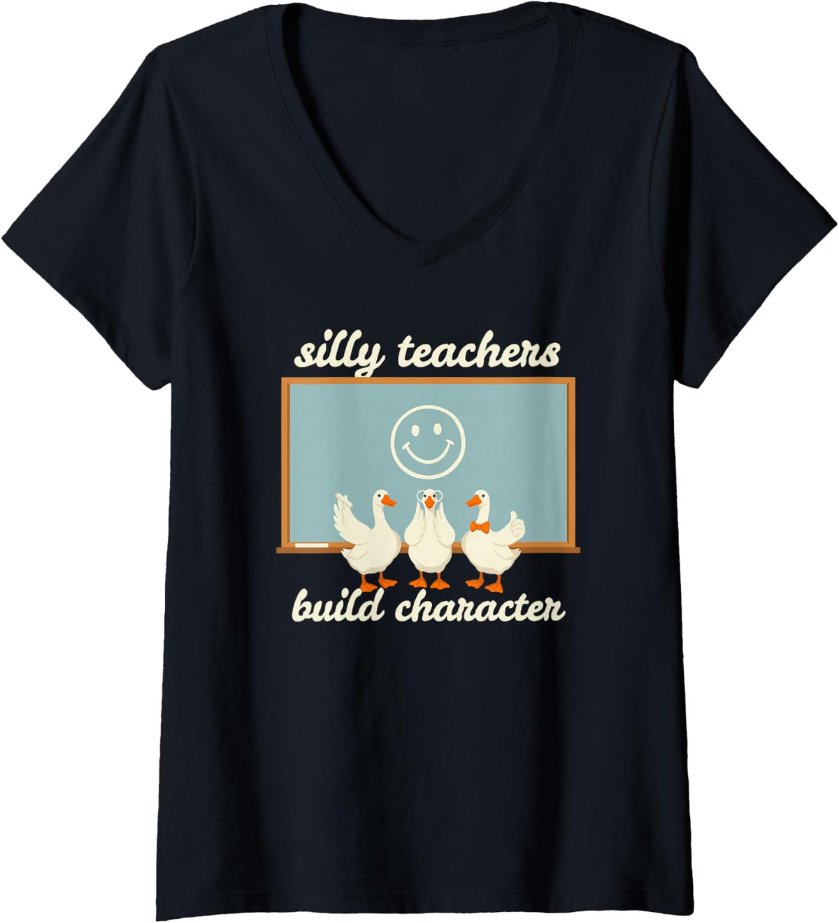 Women's Silly Teachers Build Character Cute Goose Preschool Humor V-Neck T-Shirt - Black