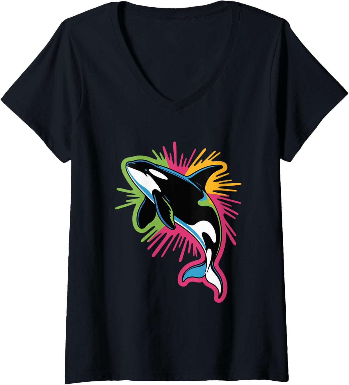 Women's Vibrant Orca Jumping Ocean Design V-Neck T-Shirt - Black