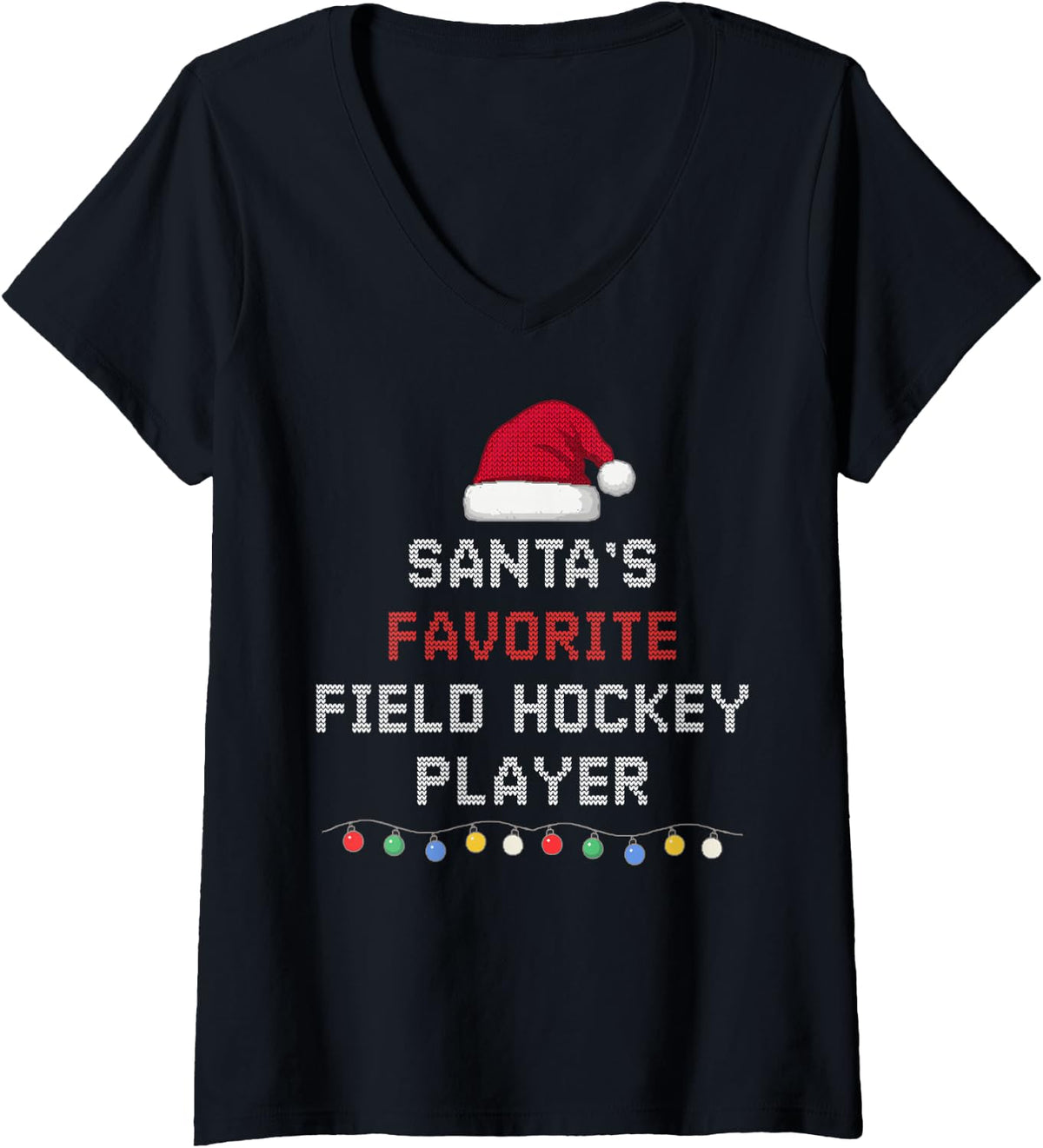 Women's Santa's Favorite Field Hockey Player Funny Christmas Pajamas V-Neck T-Shirt - Black