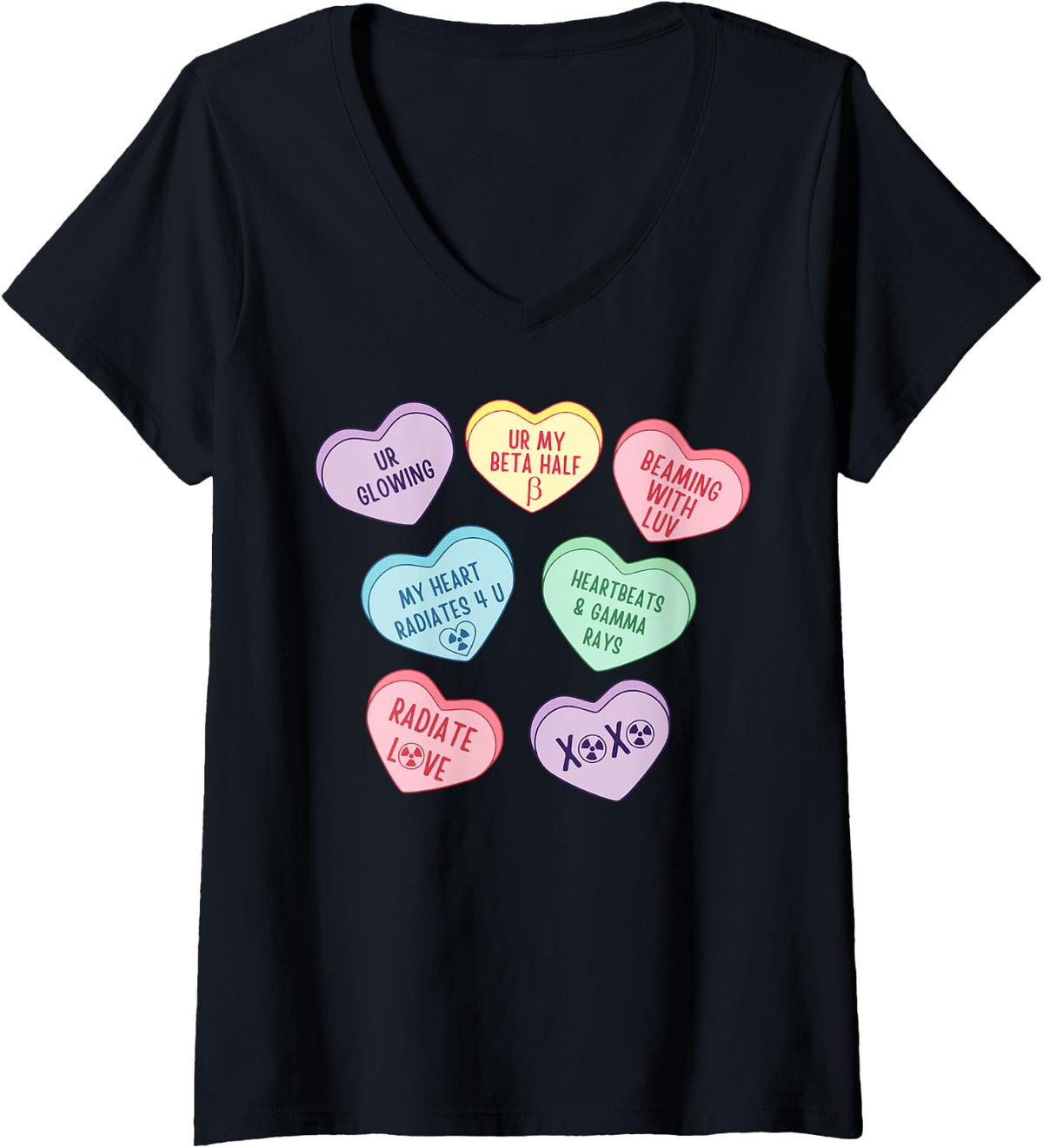 Women's Valentines Radiation Oncology X-ray Nuc Med NMT Candy Heart V-Neck T-Shirt - Black