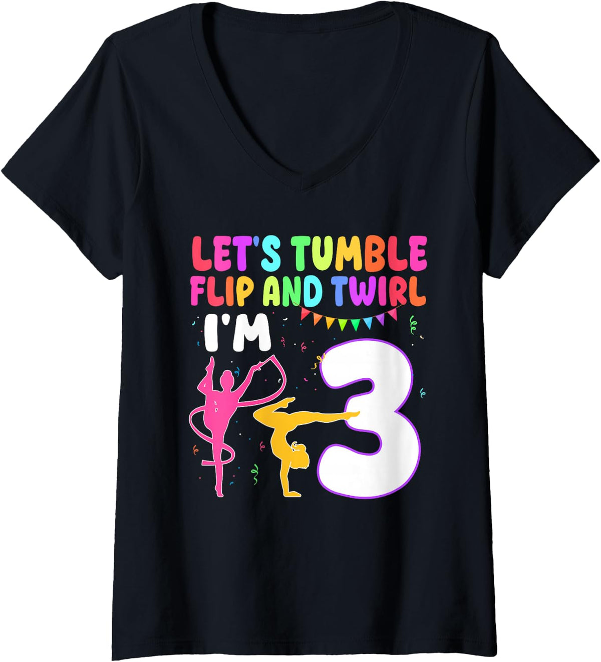 Women's 3 Year Old Gymnast Girl 3rd Gymnastics Birthday Party V-Neck T-Shirt - Black