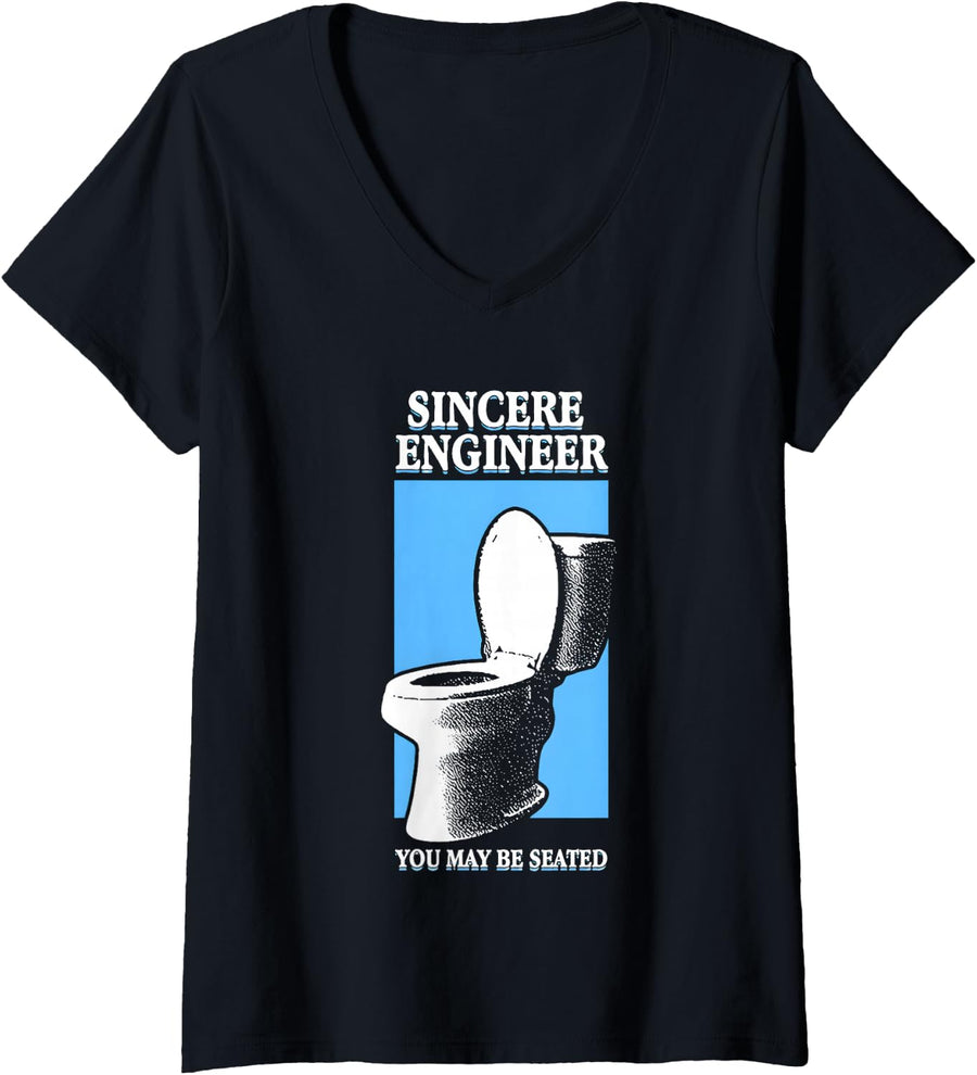 Women's Sincere Engineer You May Be Seated V-Neck T-Shirt - Black