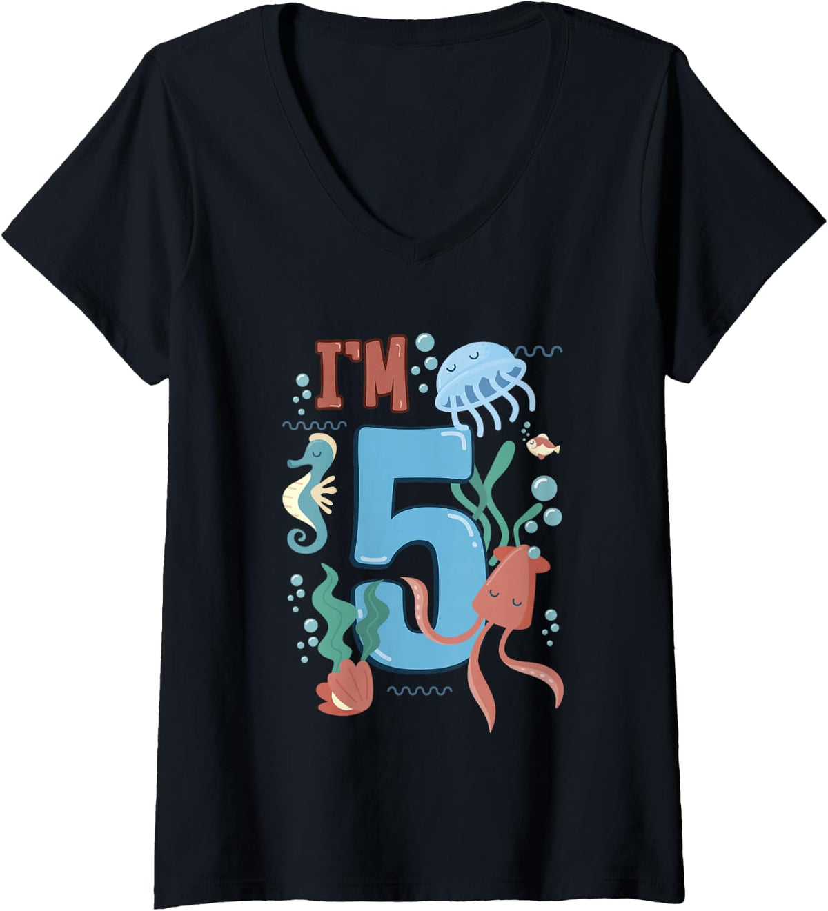 Women's I´m 5 Years Old Whale Shark Sea Animals Birthday V-Neck T-Shirt - Black