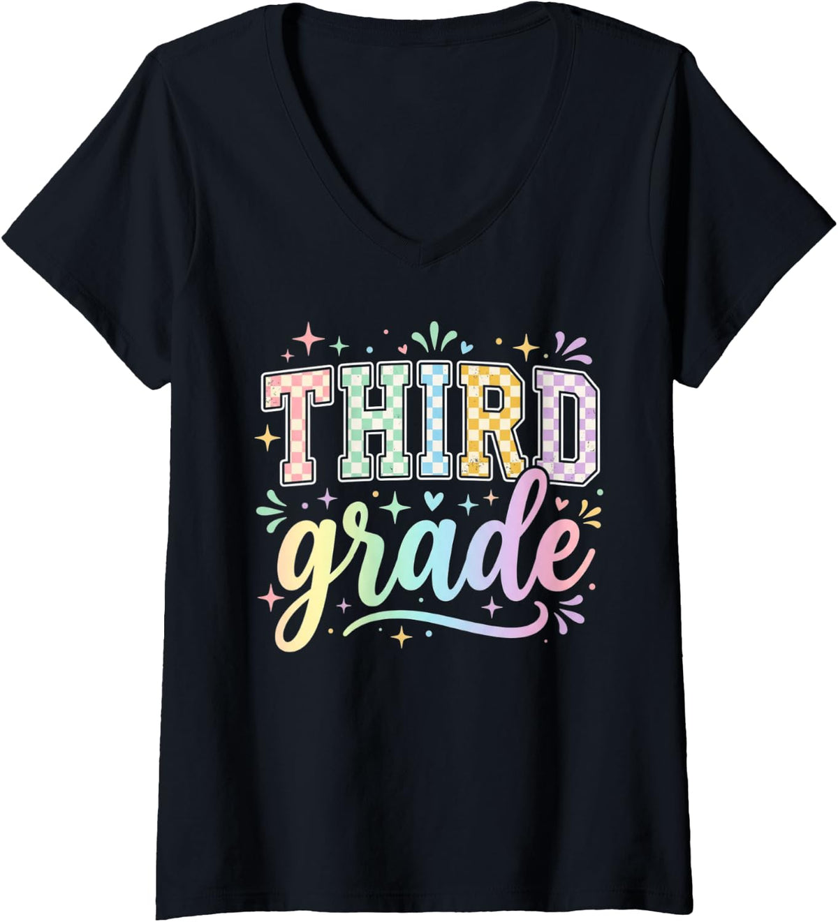 Women's Back to School Checkered Third Grade Team Teacher Students V-Neck T-Shirt - Black