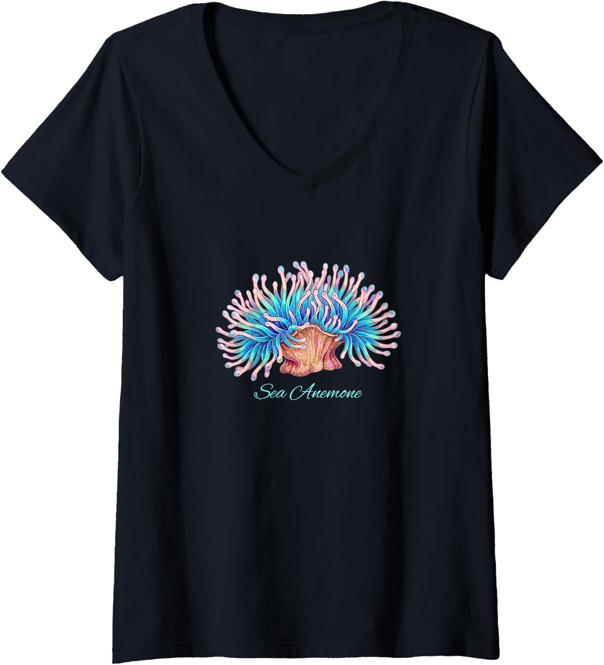 Women's SEA Anemone, Ocean Art, Marine Creatures, Scuba, Coral Reef V-Neck T-Shirt - Black