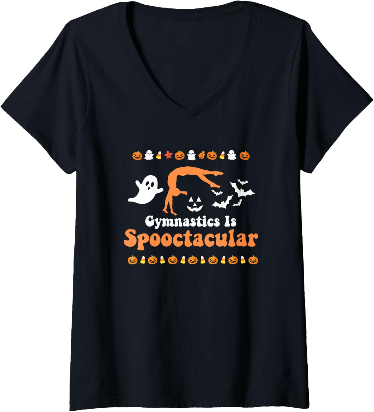 Women's Gymnastics Halloween Spooky Funny Autumn Fall Gymnast V-Neck T-Shirt - Black
