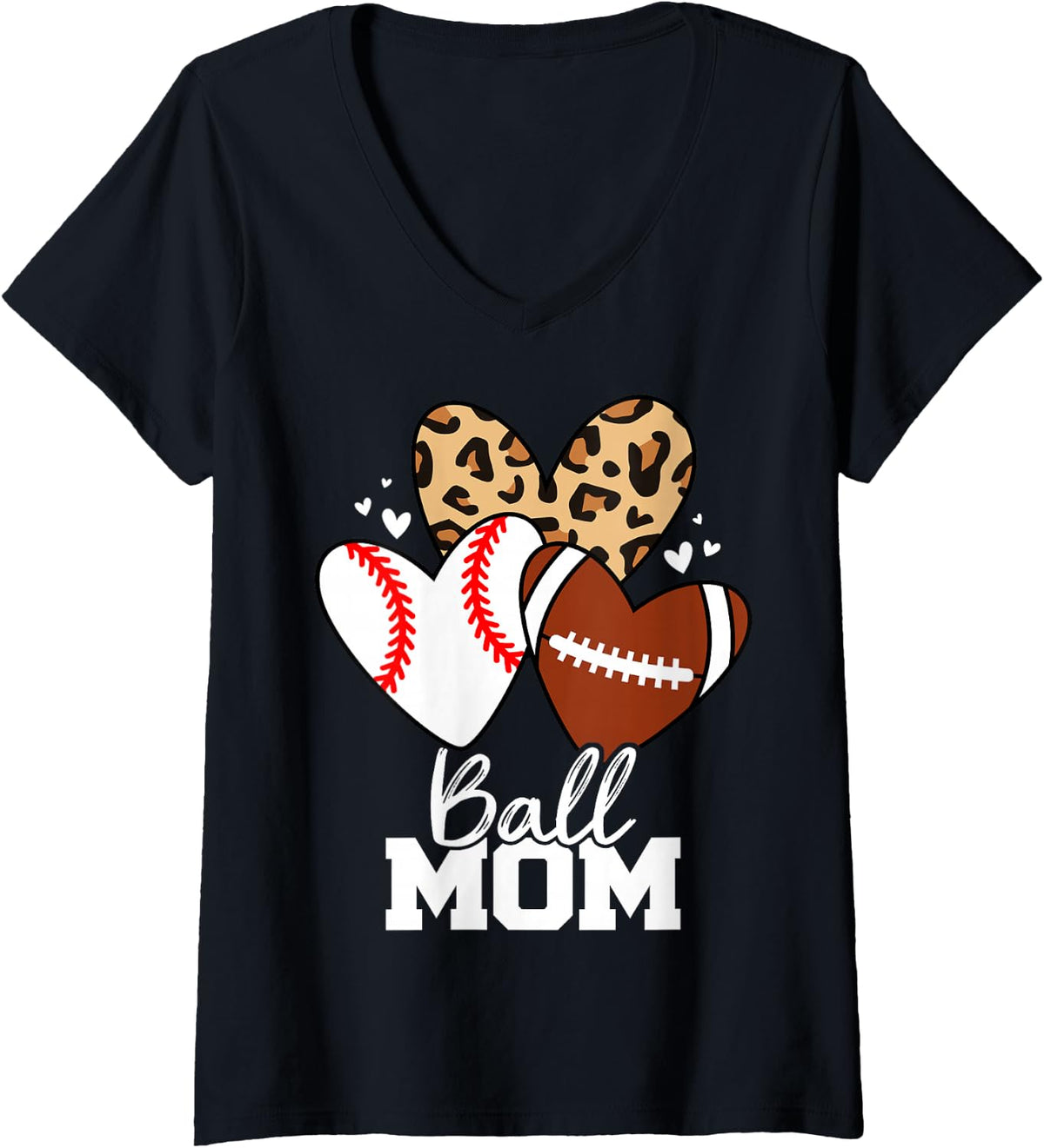 Women's Ball Mom Funny Football Baseball Mom Heart V-Neck T-Shirt - Black