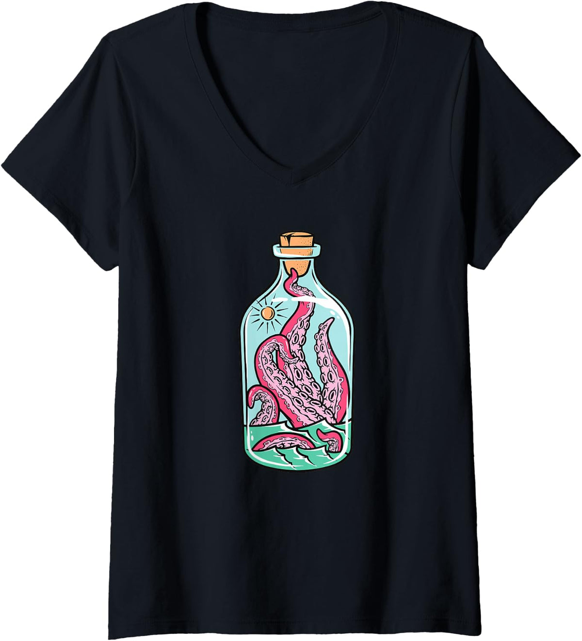 Women's Octopus in a Bottle V-Neck T-Shirt - Black