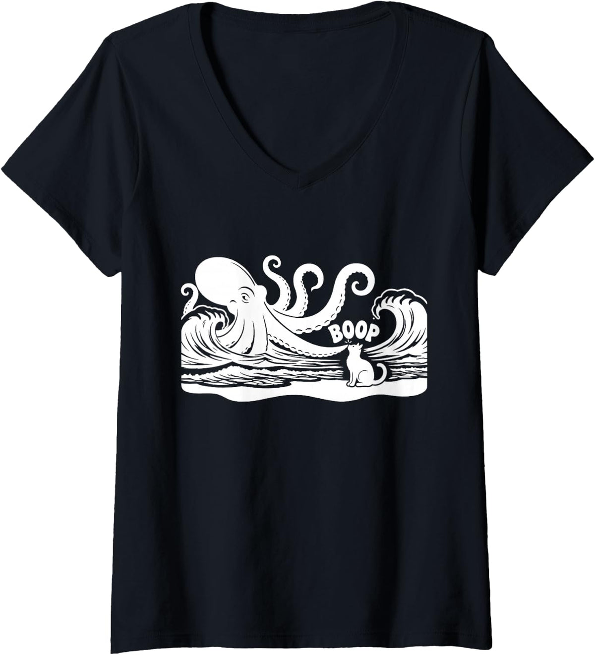 Women's Octopus Boop Cat Under Full Moon Funny Cute Fantasy Night V-Neck T-Shirt - Black