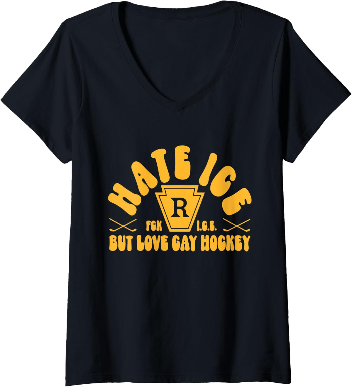 Women's Hate Ice But Love Gay Hockey, Funny Gay Hockey LGBT V-Neck T-Shirt - Black