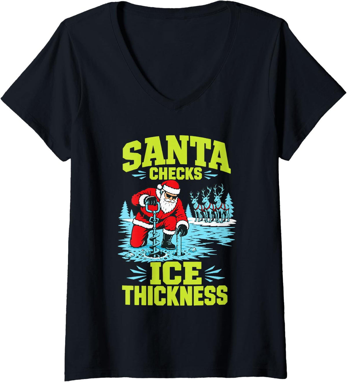 Women's Santa Checks Ice Thickness Christmas Fishing V-Neck T-Shirt - Black