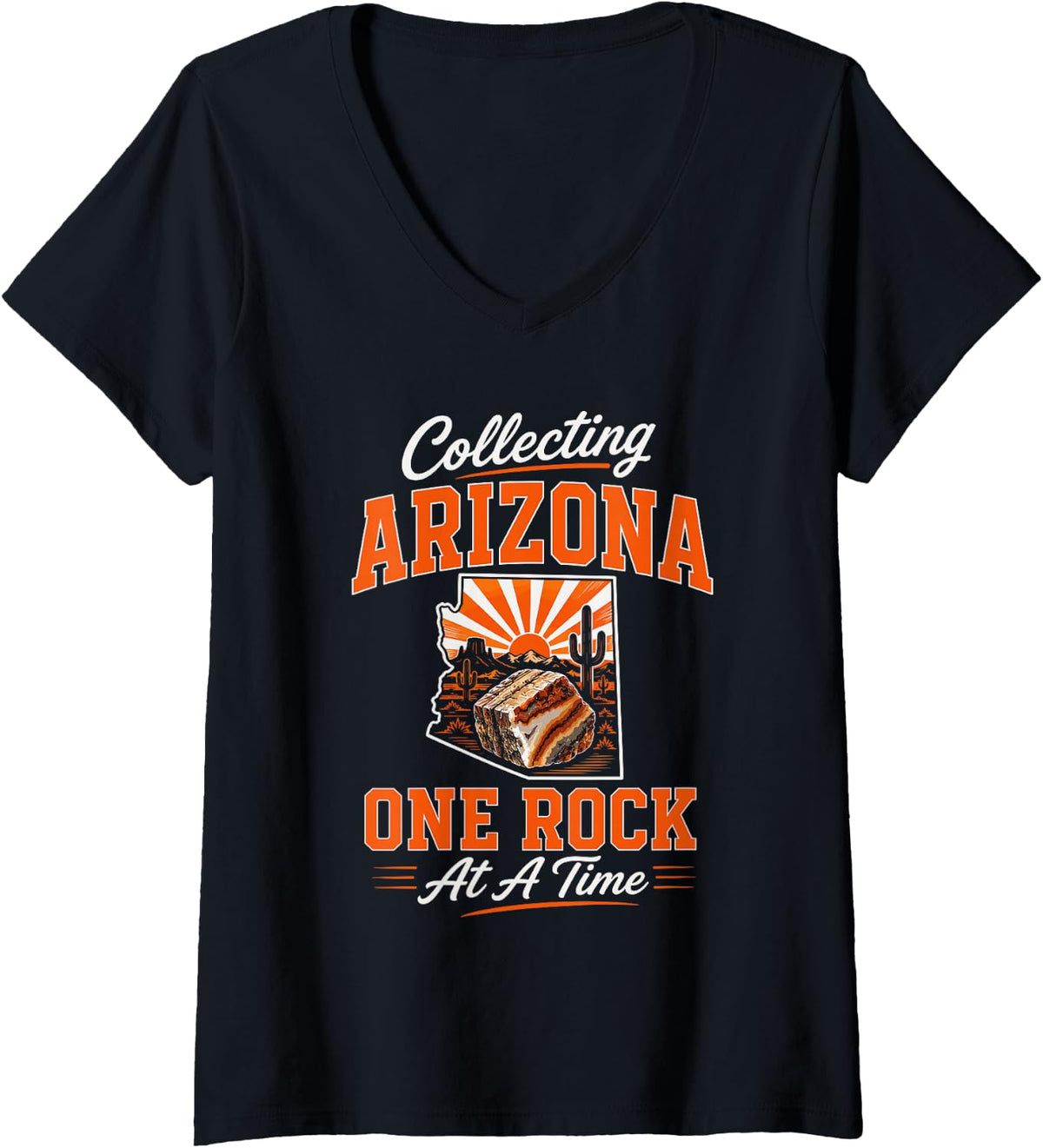Women's Rockhounding USA State Collecting Arizona One Rock At A Time V-Neck T-Shirt - Black