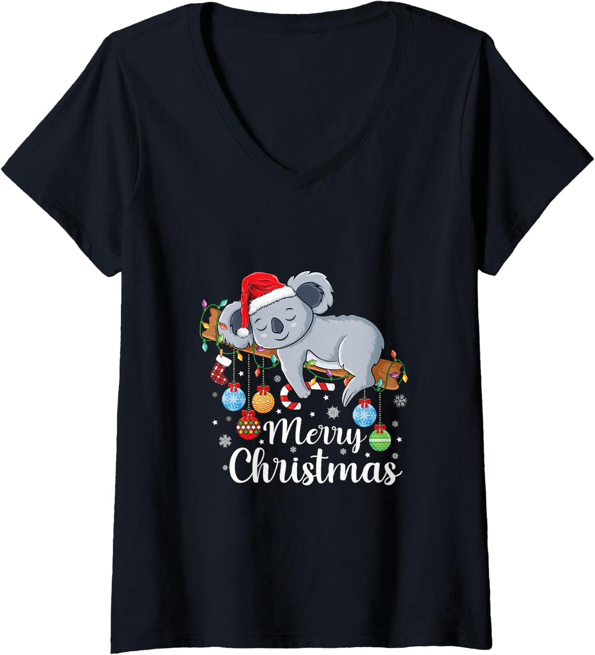Women's Merry Slothmas Funny Christmas Sloth Santa Hat Holiday V-Neck T-Shirt - Black