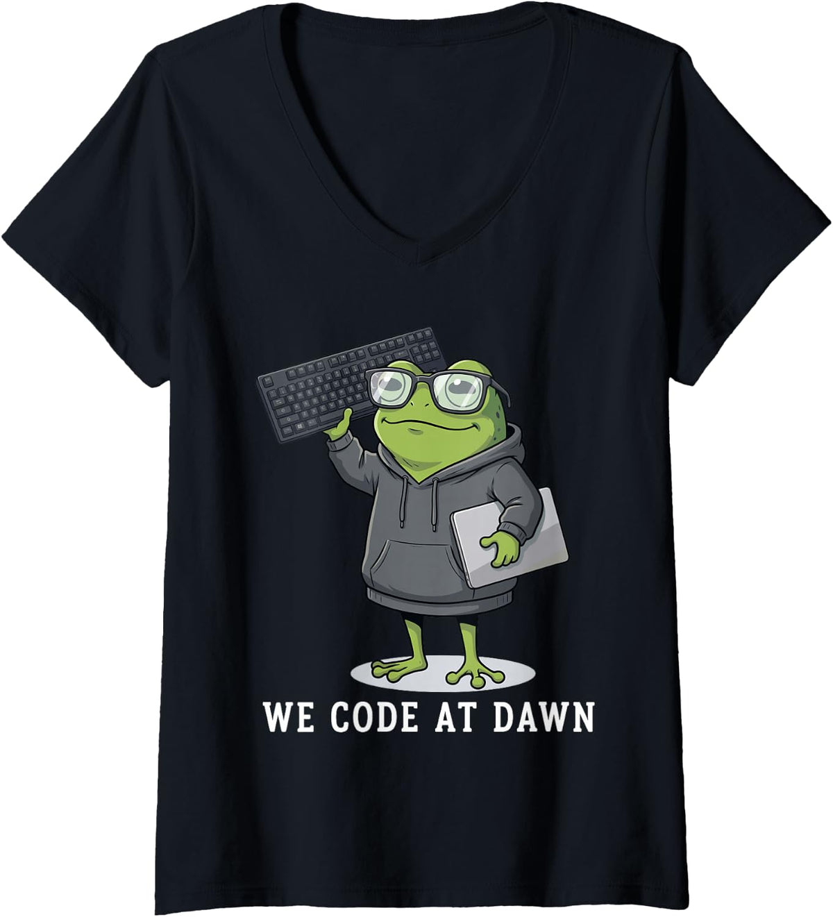 Women's We Code At Dawn Funny Frog Programmer Software Engineer Nerd V-Neck T-Shirt - Black