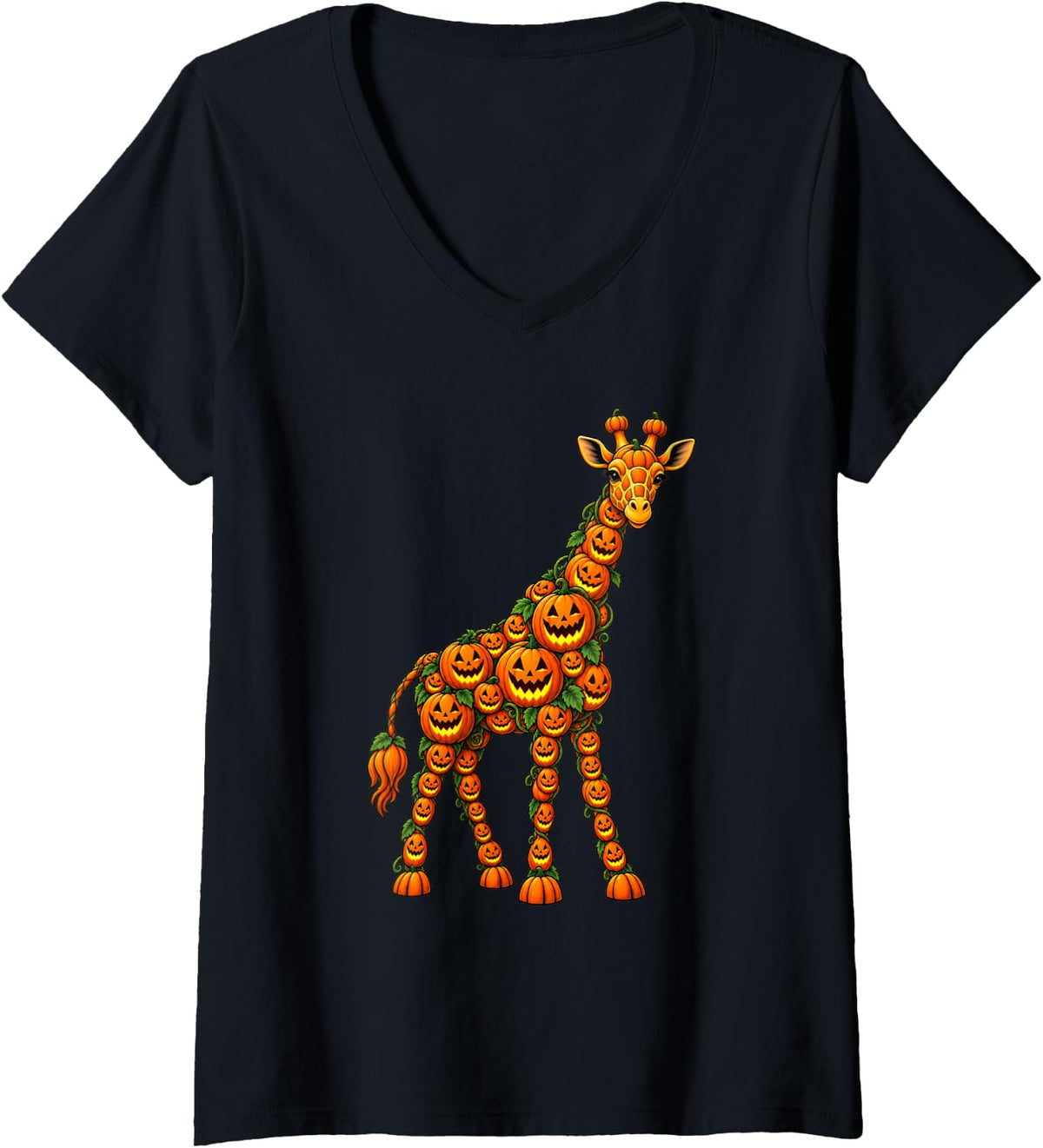 Women's Cute Giraffe Jack O Lantern Pumpkin Halloween V-Neck T-Shirt - Black