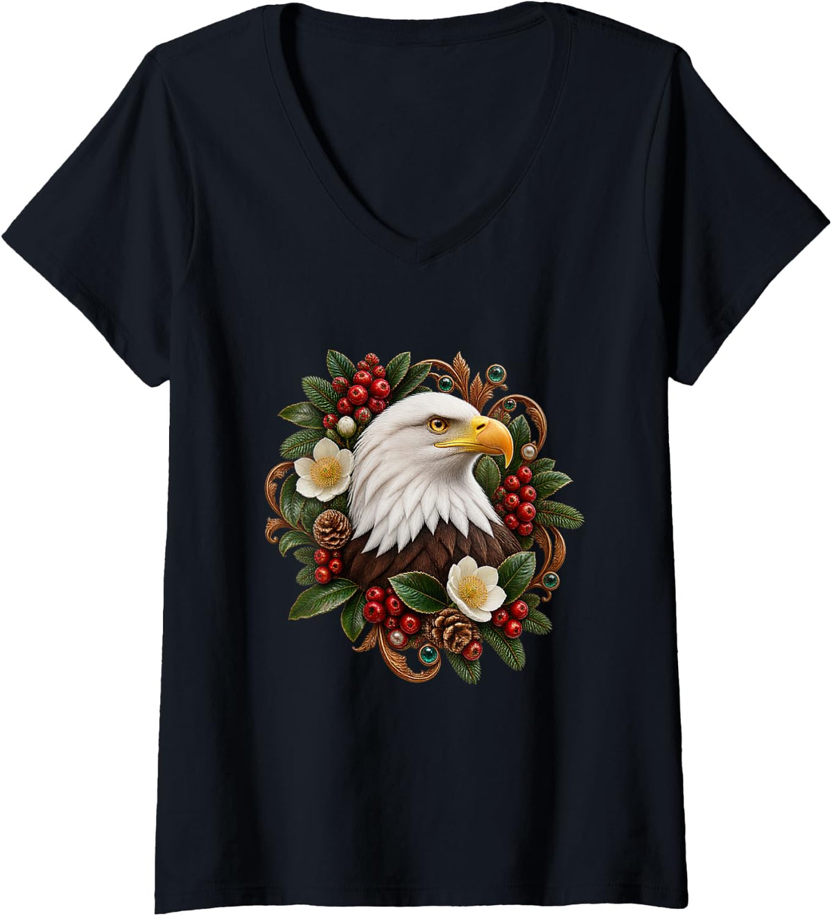 Women's Bald Eagle with Winter Berries V-Neck T-Shirt - Black