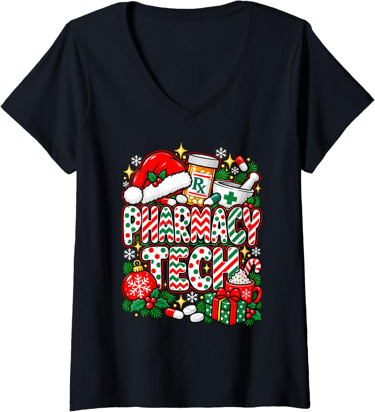 Women's Pharmacy Tech Christmas Pharmacist Technician Squad Xmas V-Neck T-Shirt - Black