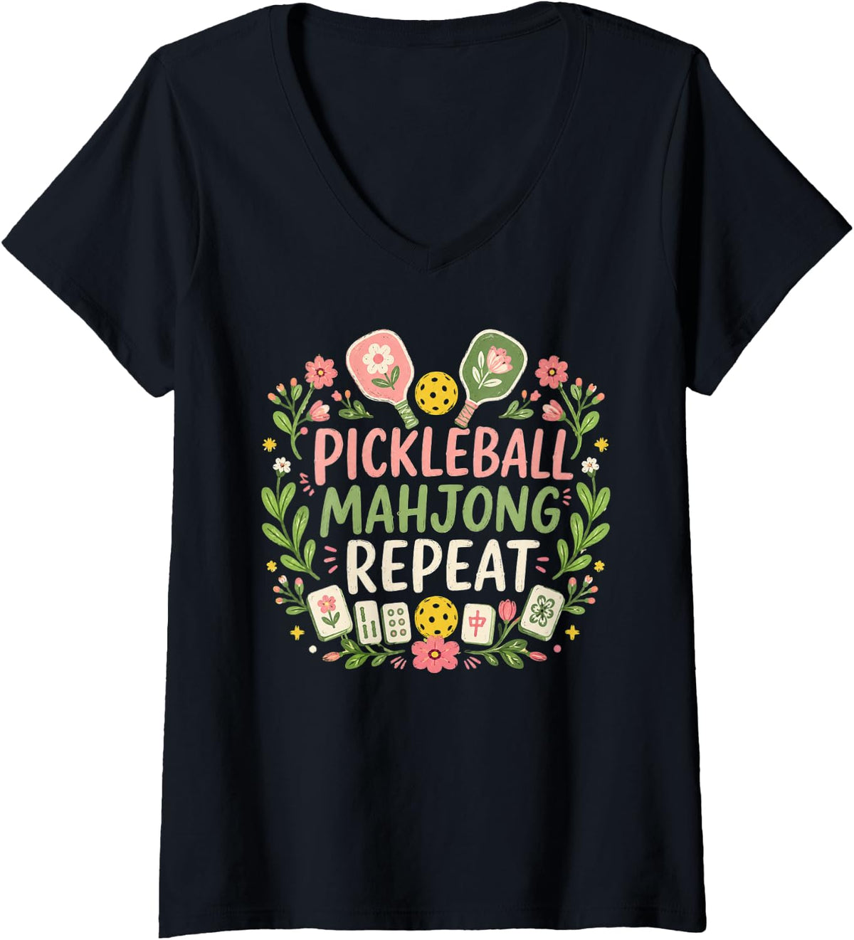 Women's Pickleball Mahjong Repeat Funny Game Lover Men Women V-Neck T-Shirt - Black
