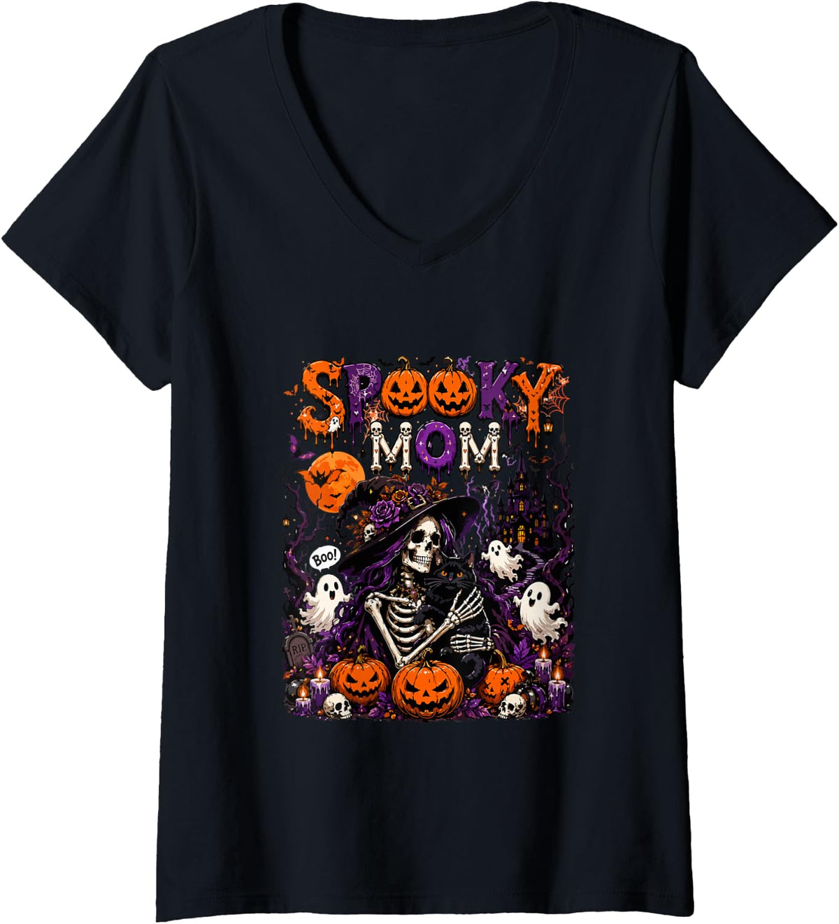 Women's Spooky Halloween Mom Horror Skeleton As Witch Boo Ghost V-Neck T-Shirt - Black