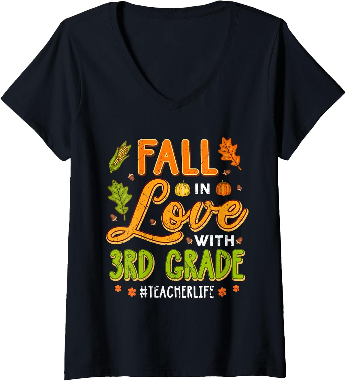 Women's Fall in Love with 3rd Grade Thanksgiving Third Grade Teacher V-Neck T-Shirt - Black