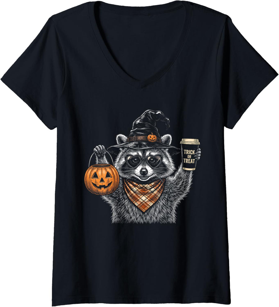 Women's Halloween Spooky Raccoon V-Neck T-Shirt - Black