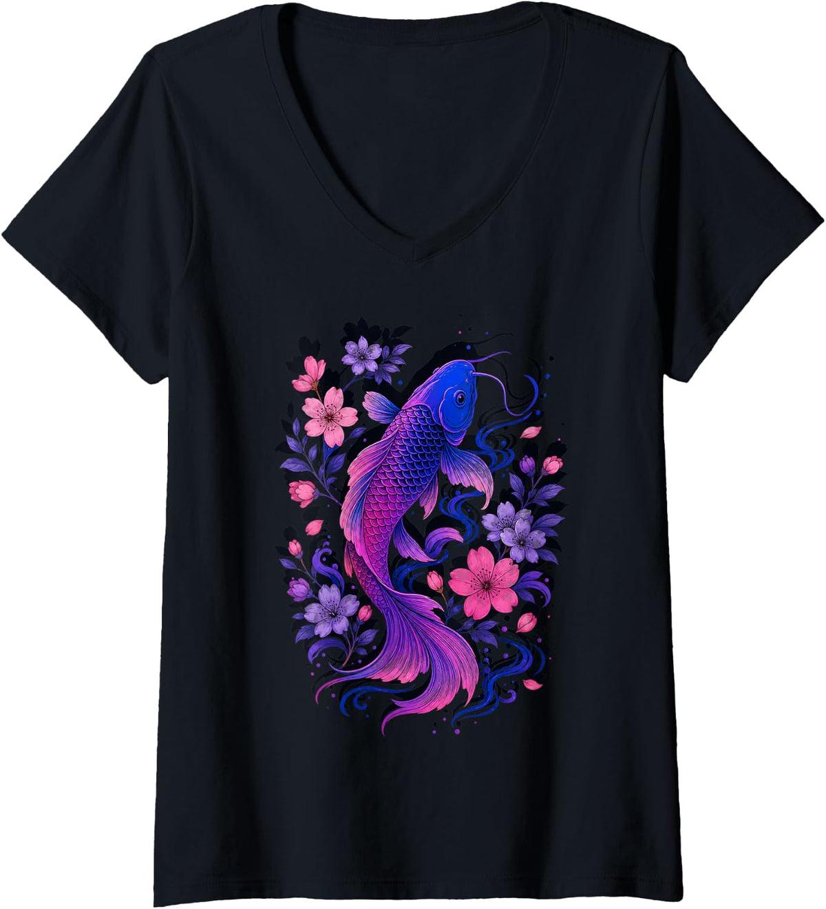 Women's Koi Fish with Floral Elements Illustration V-Neck T-Shirt - Black