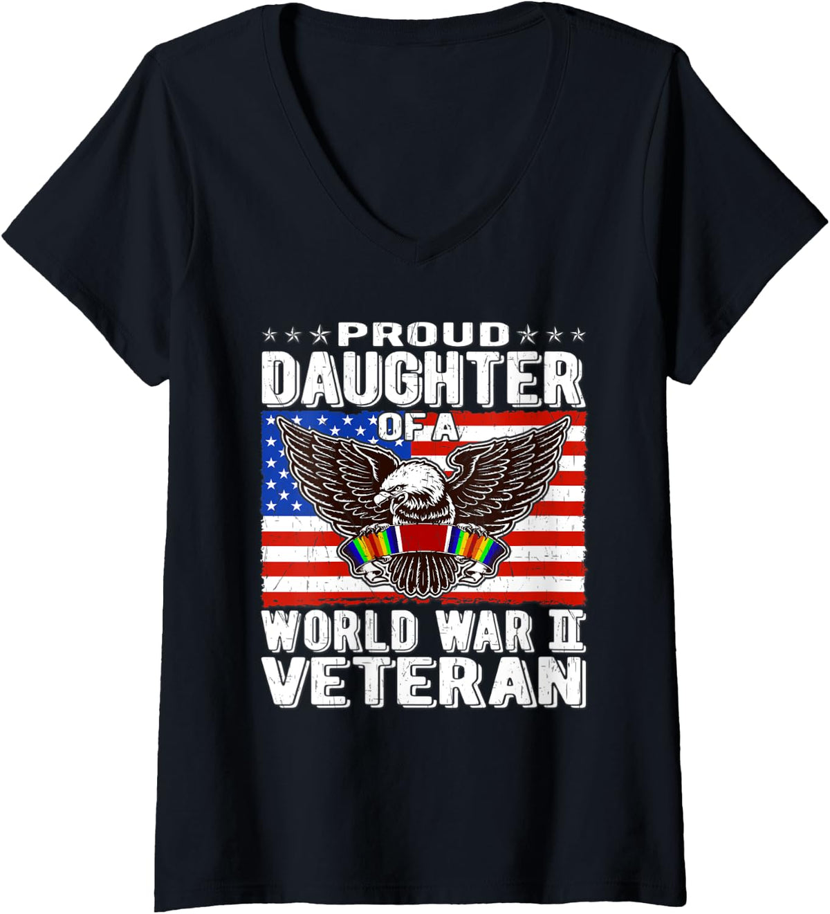 Womens Proud Daughter Of A World War 2 Veteran Patriotic WW2 Child V-Neck T-Shirt - Black