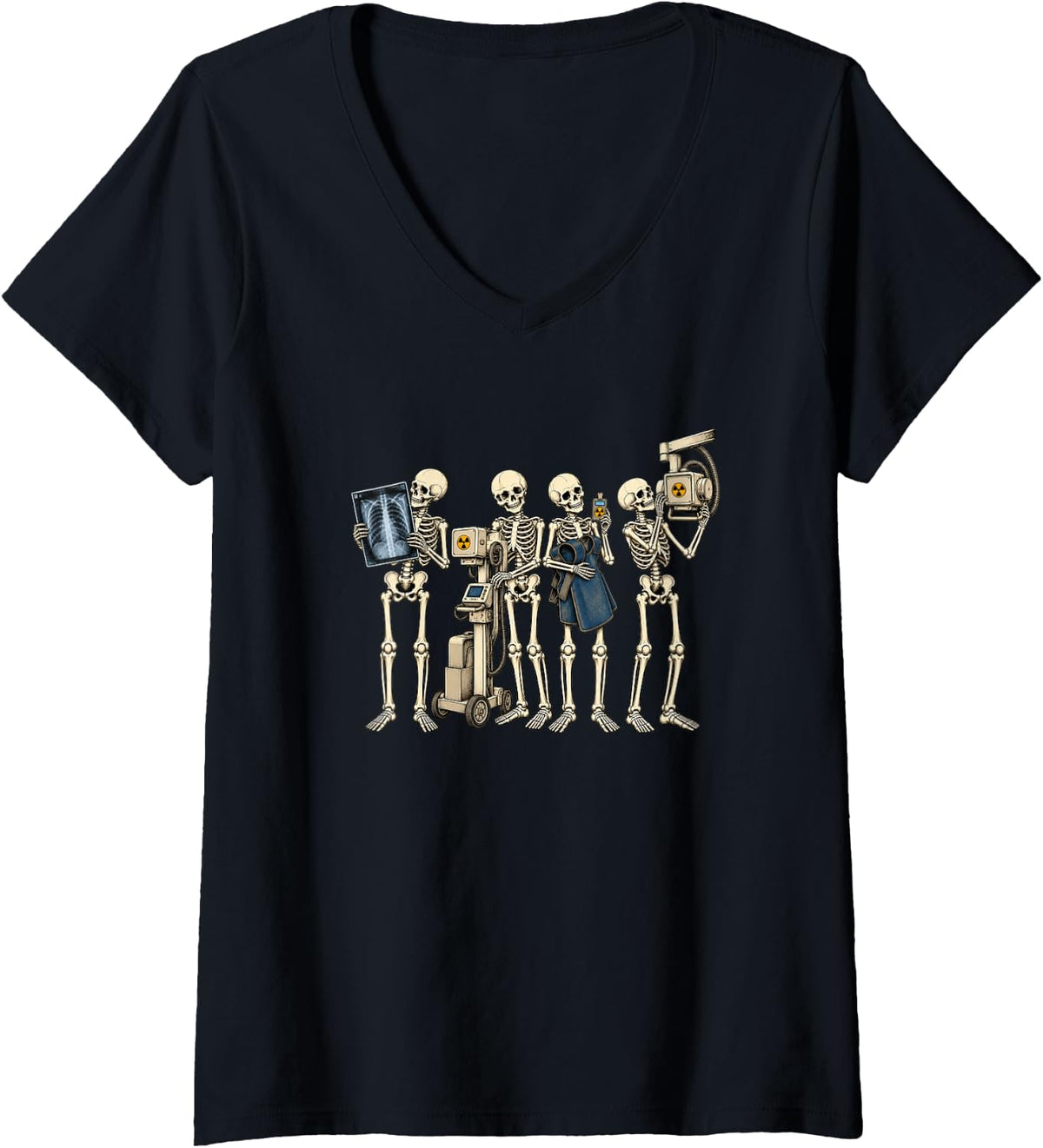 Women's Skeleton Radiology Tech Halloween Spooky Technologist Fall V-Neck T-Shirt - Black