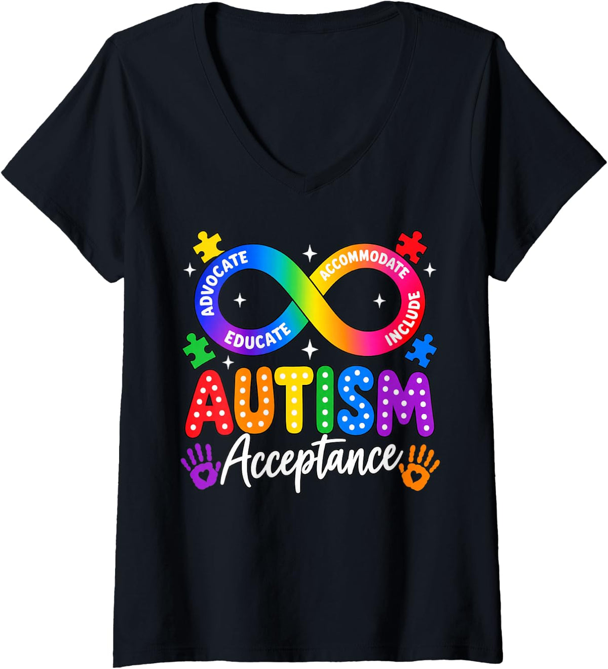 Women's Autism Awareness Acceptance Rainbow Infinity Symbol Support V-Neck T-Shirt - Black