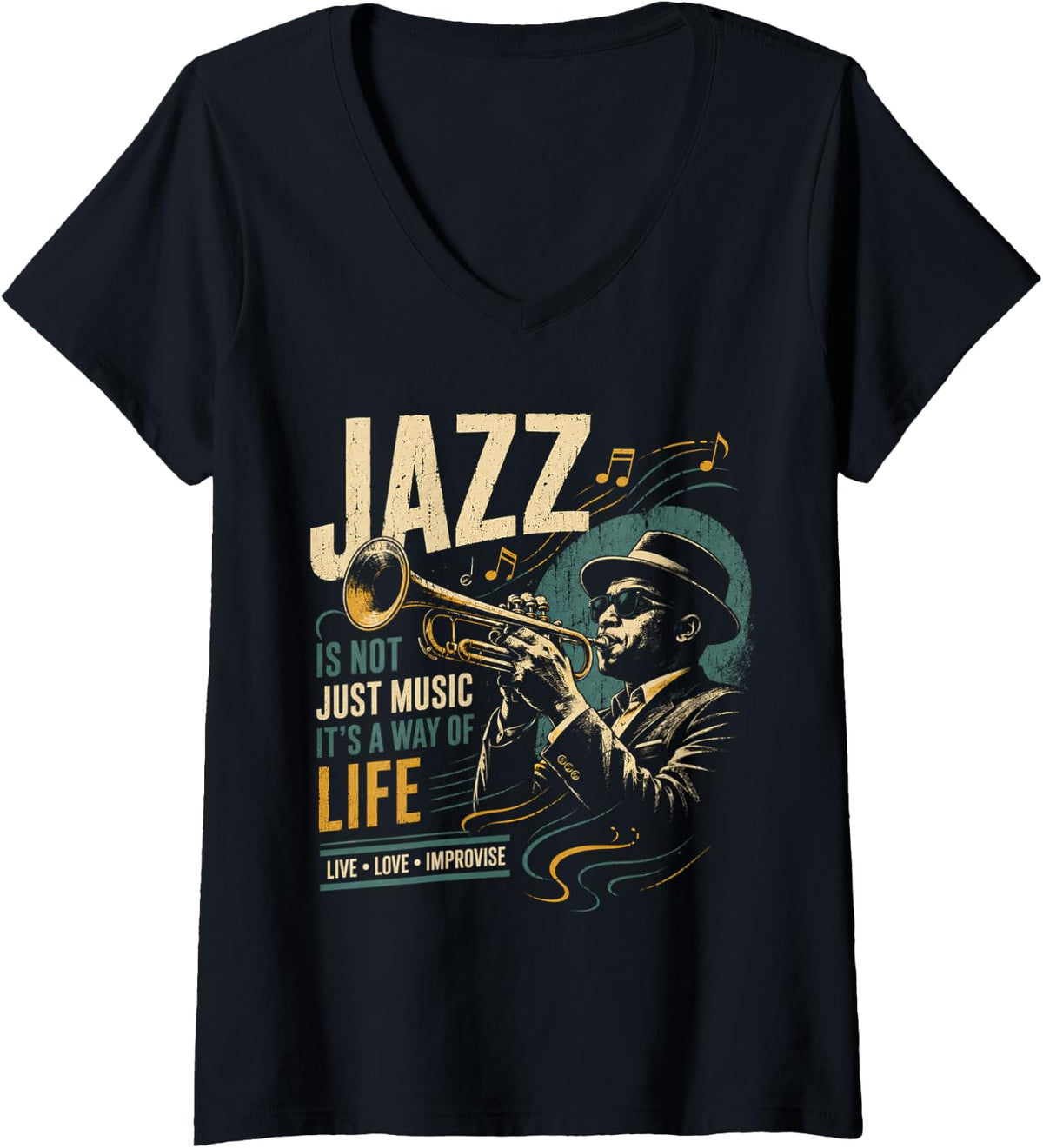 Women's Jazz is Not Just Music Trumpet Retro V-Neck T-Shirt - Black