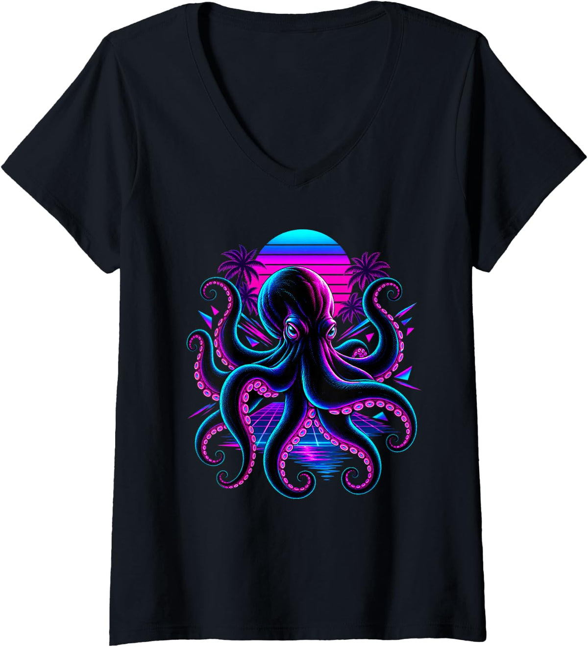 Women's Retrowave Octopus Sunset Ocean Animal Art V-Neck T-Shirt - Black