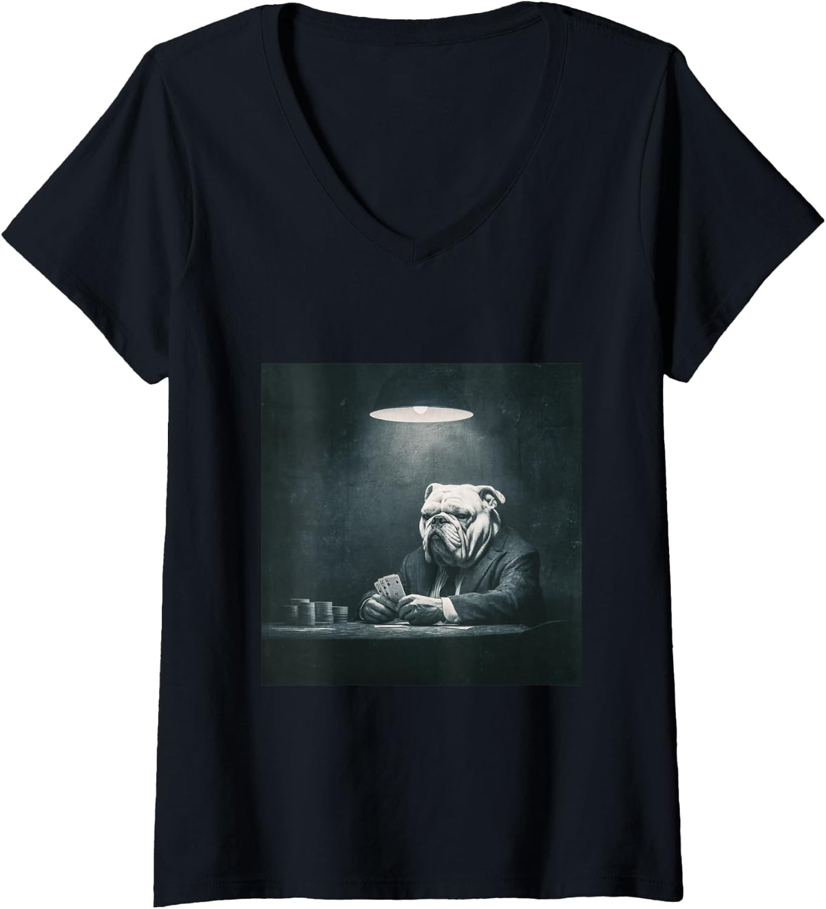 Women's Bulldog Poker Player Noir Gambling Cards V-Neck T-Shirt - Black