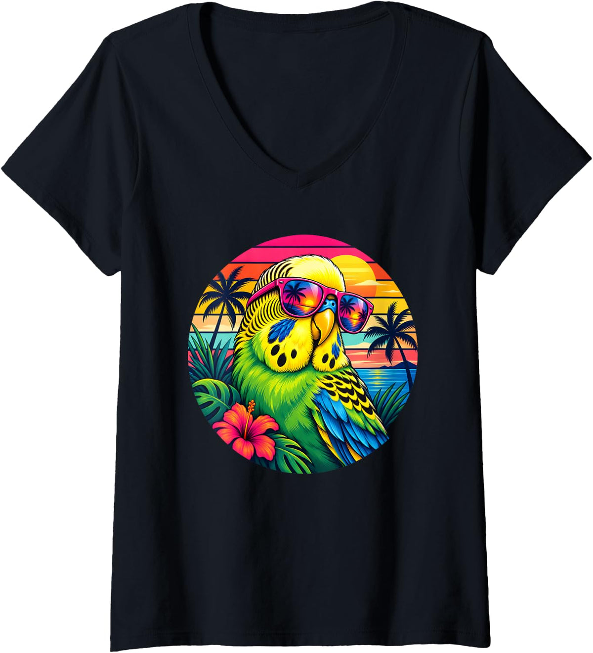 Women's Budgie Parakeet Lover Retro Sunset Tropical Bird V-Neck T-Shirt - Black