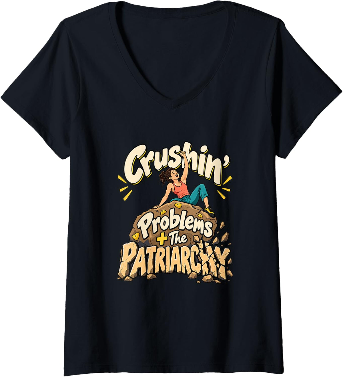 Women's Women's Rock Climbing Crushin Problems Patriarchy V-Neck T-Shirt - Black