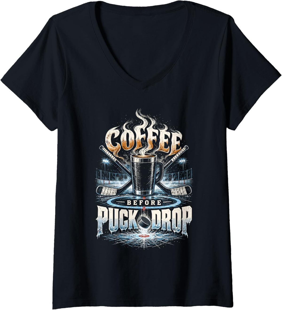 Women's Ice Hockey Player Coffee Before Puck Drop V-Neck T-Shirt - Black