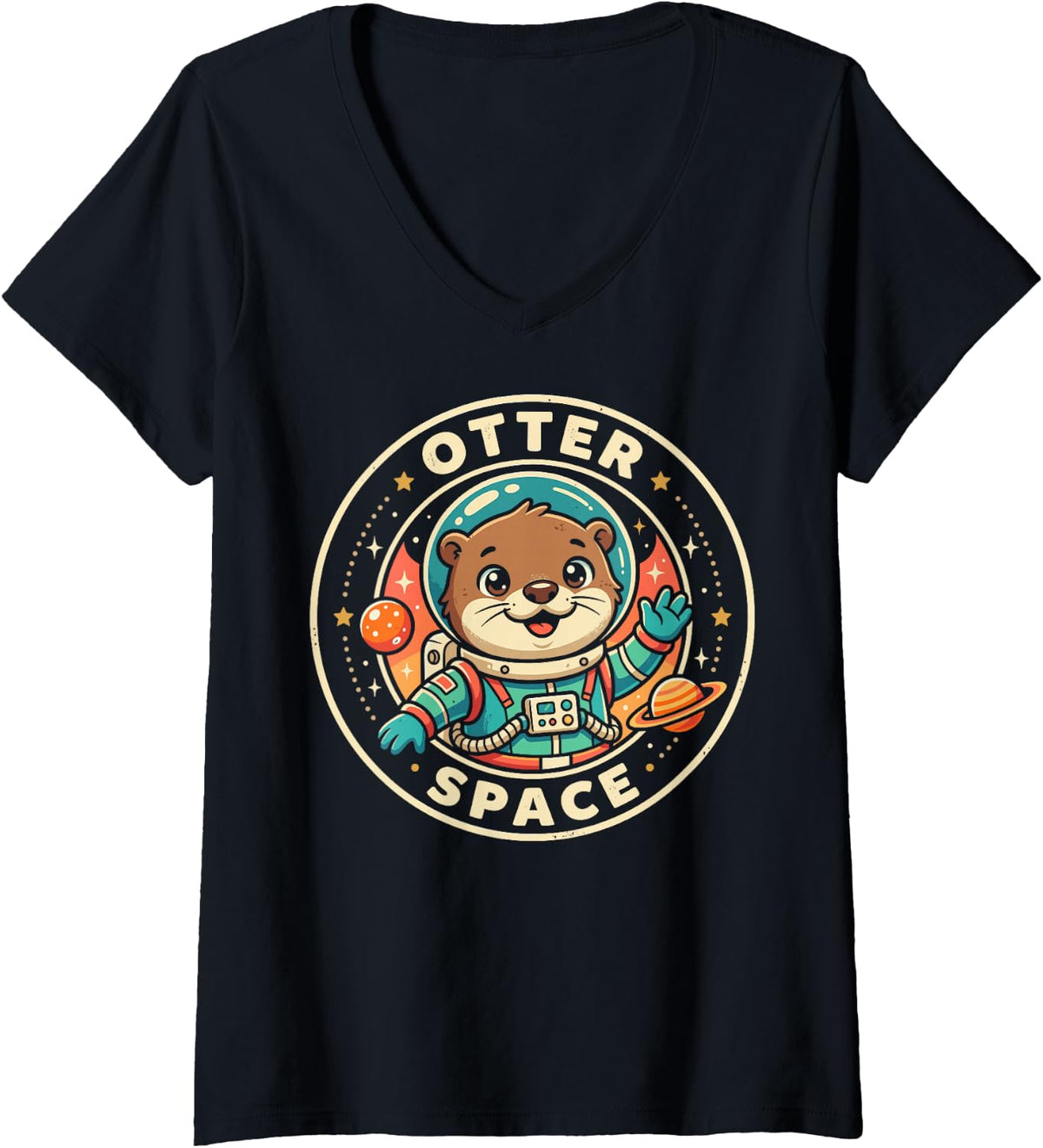 Women's Funny Otters Tee Otter Space Astronaut Sea Wildlife Zoo Meme V-Neck T-Shirt - Black