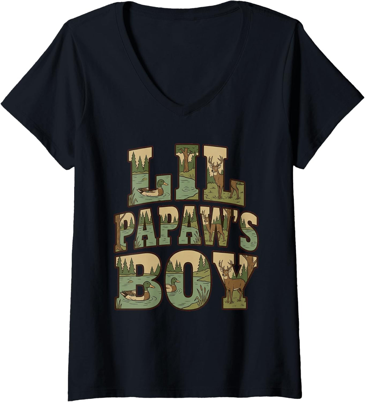 Women's Lil Papaw's Boy Grandson Kids Deer Outdoors V-Neck T-Shirt - Black
