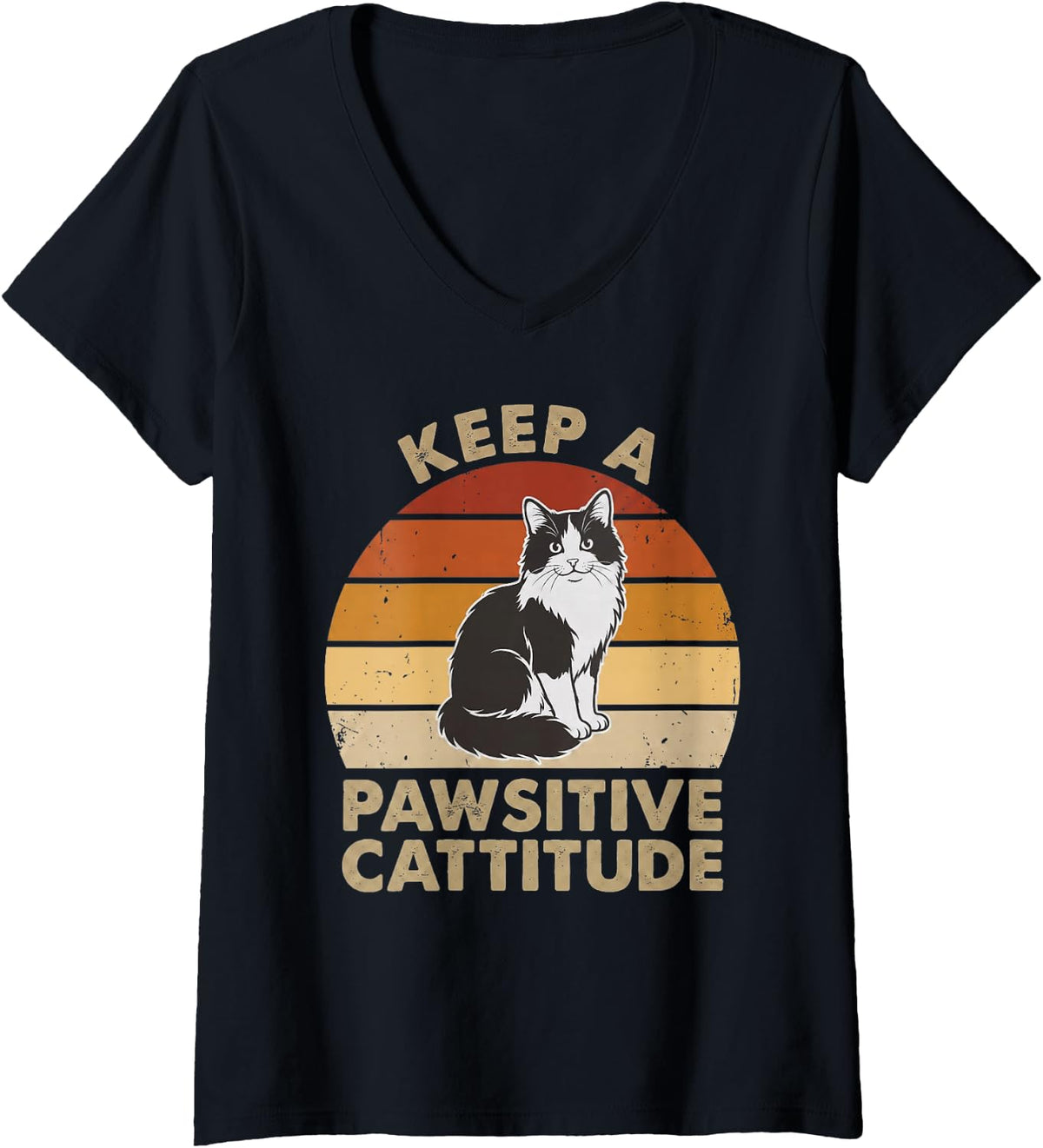 Women's Keep Pawsitive Cattitude Funny Calico Cat Mom Retro Sunset V-Neck T-Shirt - Black
