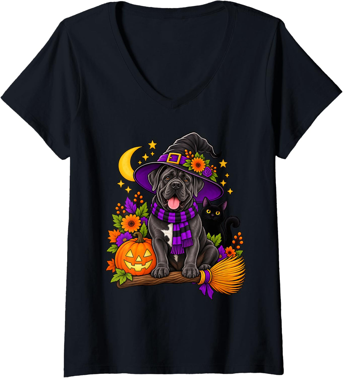 Women's Funny Witch Cane Corso Dog Spooky Women Men Fall Halloween V-Neck T-Shirt - Black