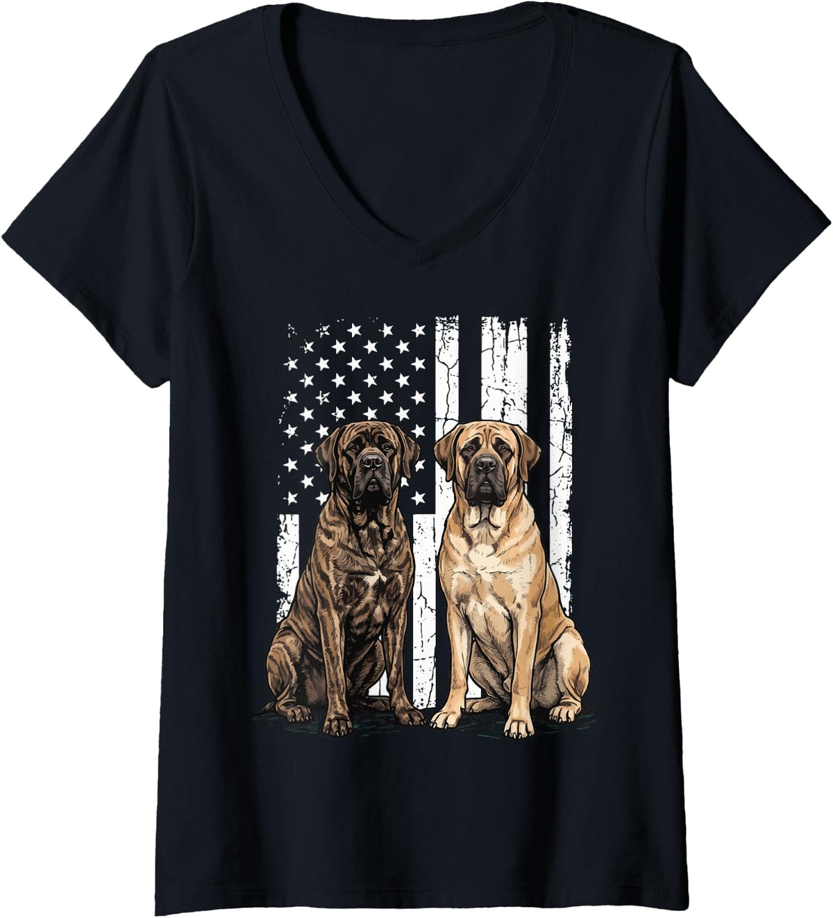 Women's English Mastiff US Flag 4th of July V-Neck T-Shirt - Black