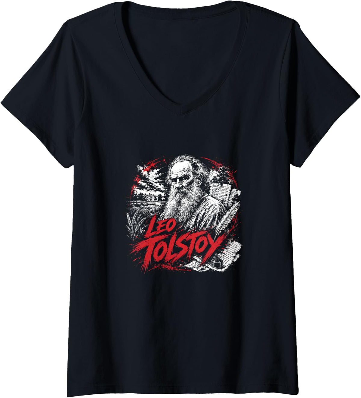 Women's Writer Leo Tolstoy Wisdom Russian Literature V-Neck T-Shirt - Black