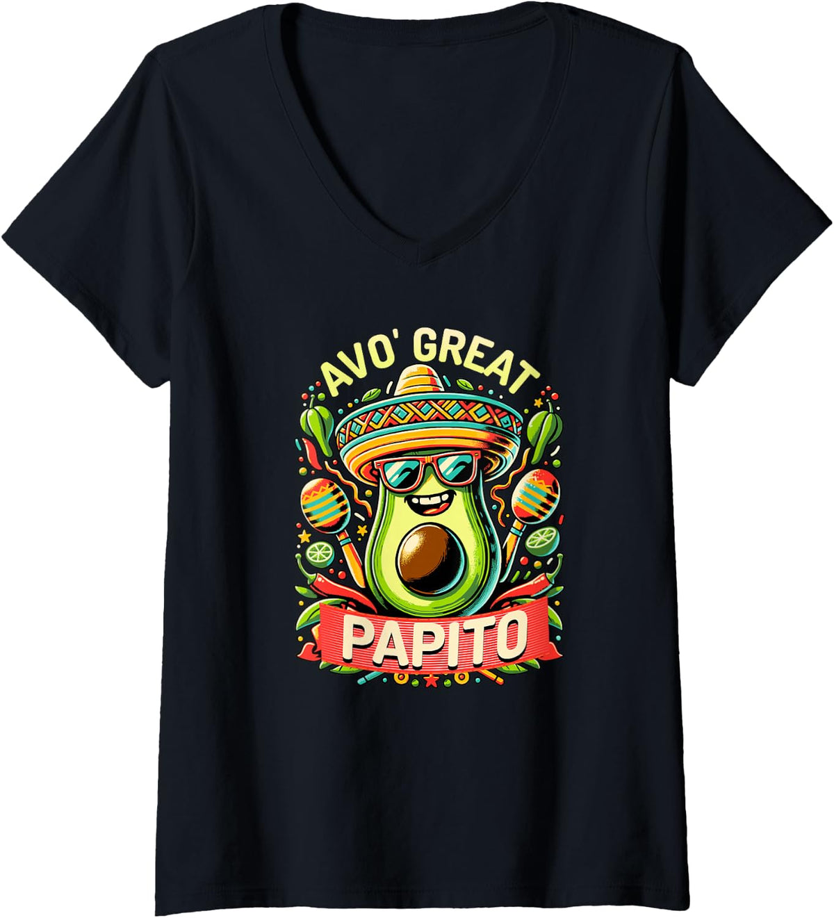 Women's AVO Great Papito Spanish Daddy Funny Avocado Cinco De Mayo V-Neck T-Shirt - Black